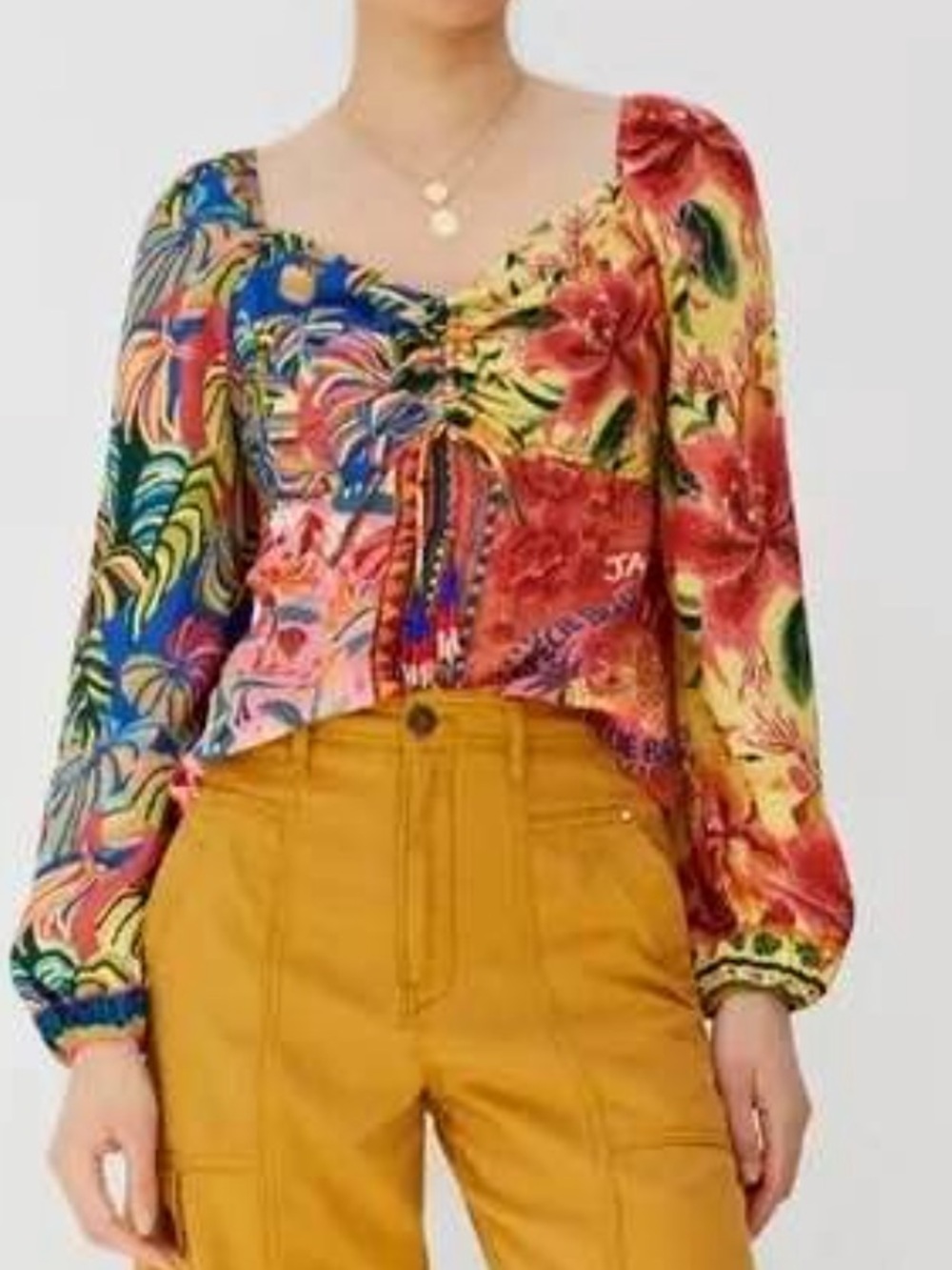 FARM Rio Multicolor Tropical Floral Long-Sleeve Blouse